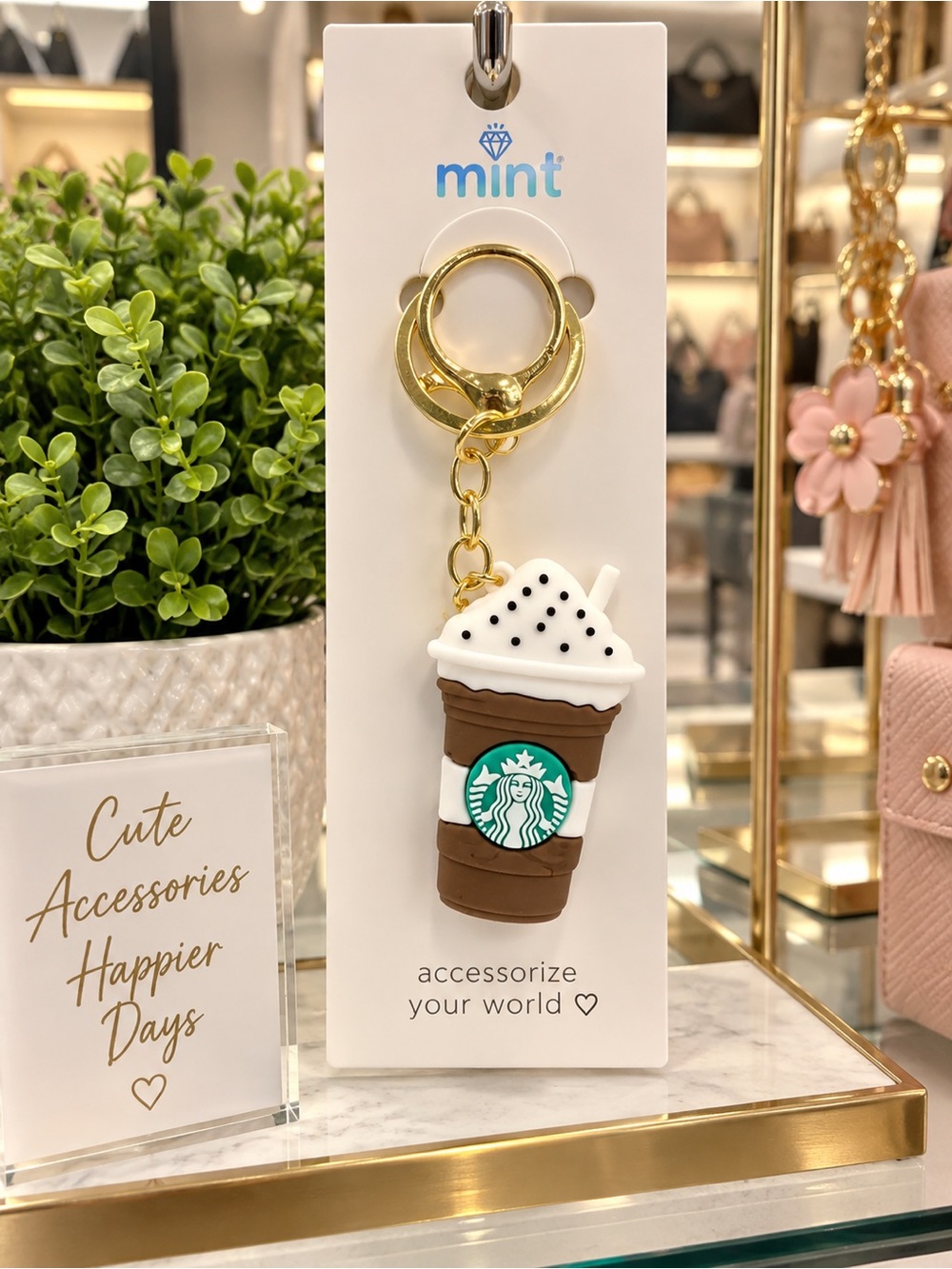 Mint Gold-Tone Keyring with Brown & White Coffee Cup Charm